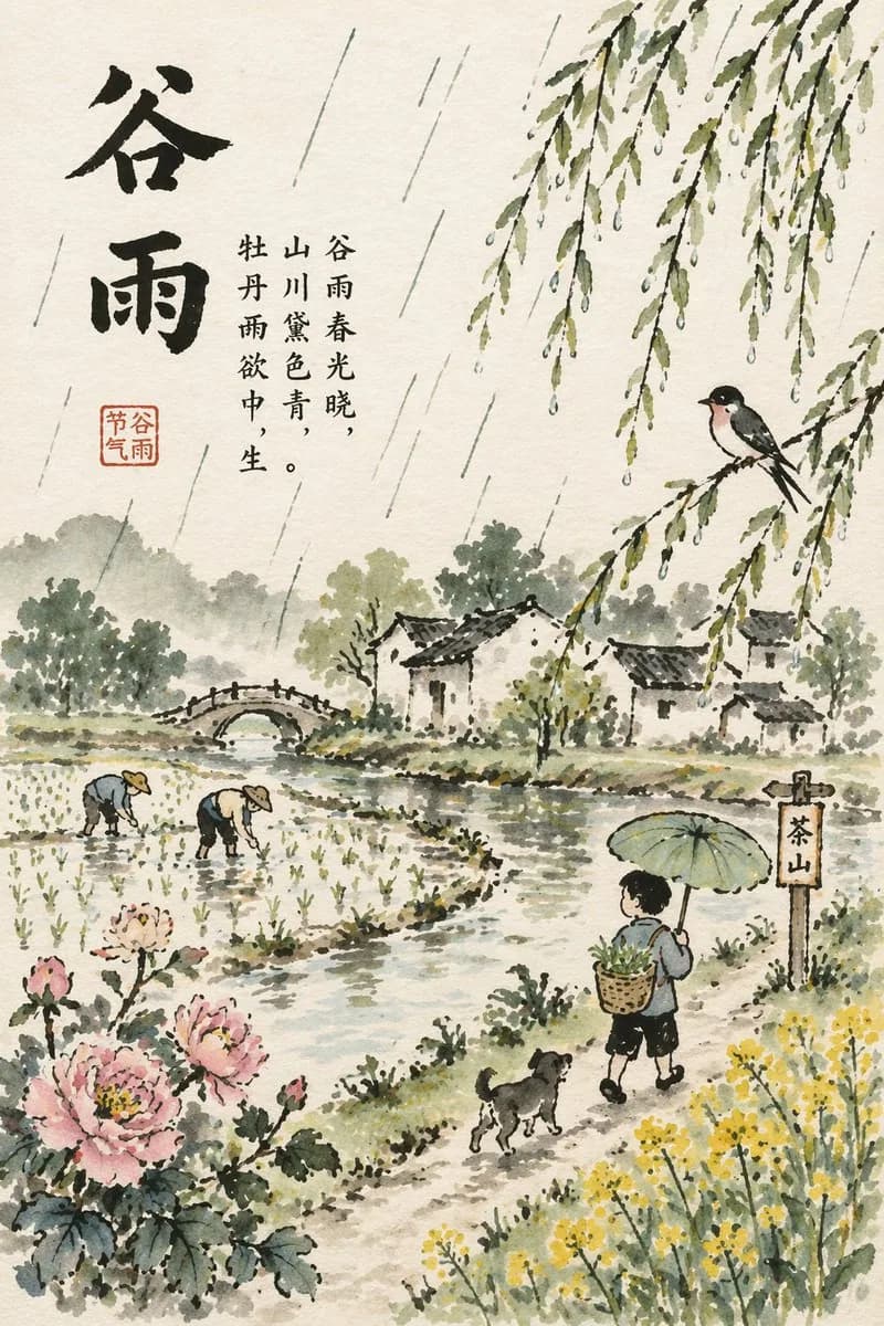 谷雨节气主题的东方风格插画